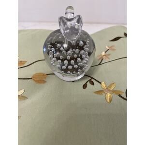 Vtg Art Glass Paperweight Apple Clear Control Bubbles Leaves